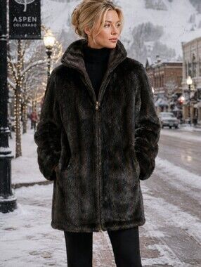 Reversible Chocolate Brown Suede & Plush Faux Mink Coat Luxe Winter Old Money L